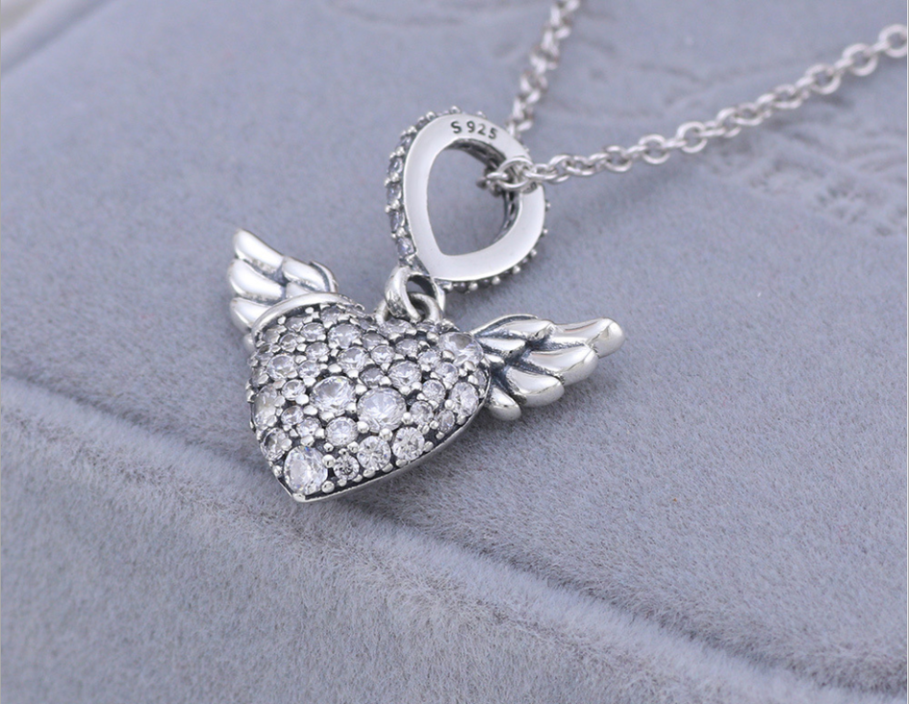 pandora silver necklace heart and angel wings