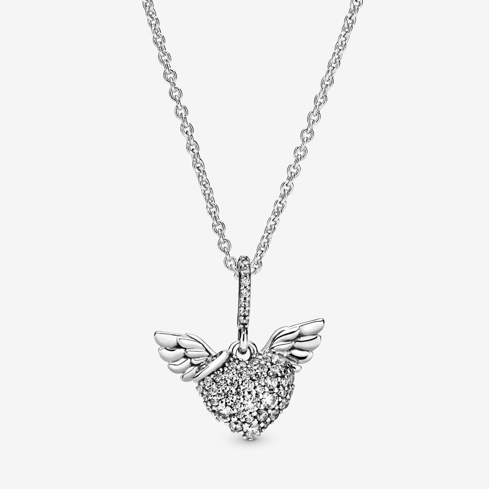 pandora silver necklace heart and angel wings