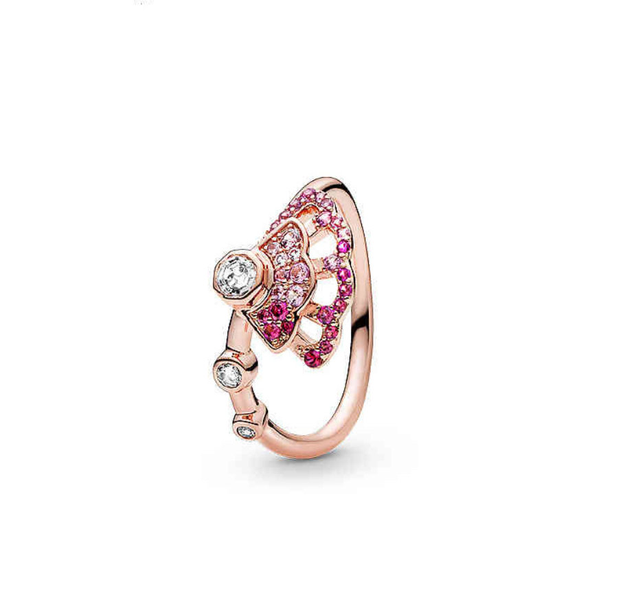 925 sterling silver rose plated sparkling pink fan ring clear pink cz