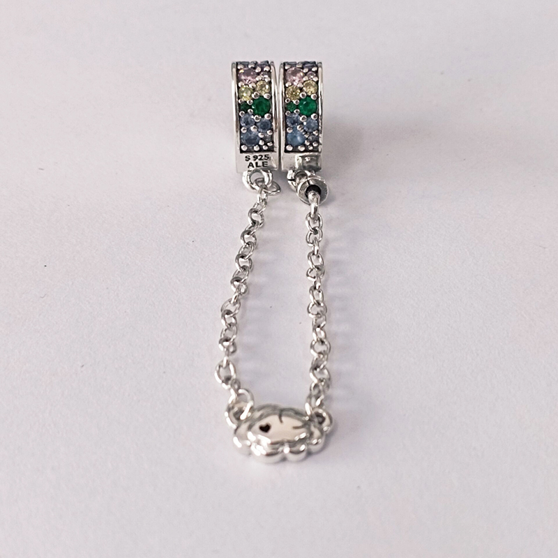 PANDORA S925 silver signed safety chain screw thread zirconia heart charm