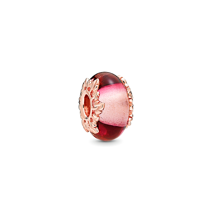 Pandora rose gold pink murano glass & leaves charm