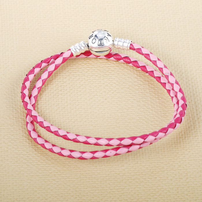 Silver S925 Ale Double Pink Leather Pandora Moments Bracelet