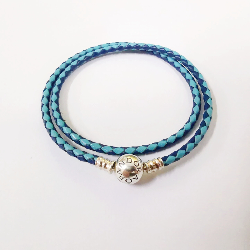 Silver S925 Ale Mixed Blue Leather Pandora Moments Bracelet