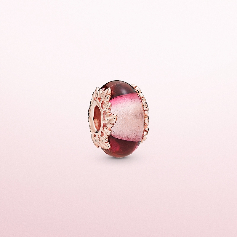 Pandora rose gold pink murano glass & leaves charm