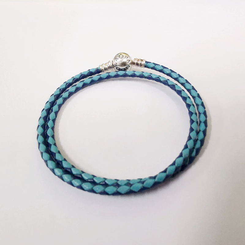 Silver S925 Ale Mixed Blue Leather Pandora Moments Bracelet