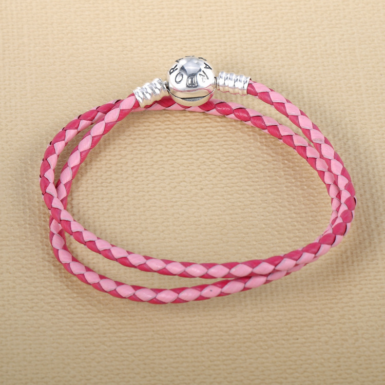 Silver S925 Ale Double Pink Leather Pandora Moments Bracelet