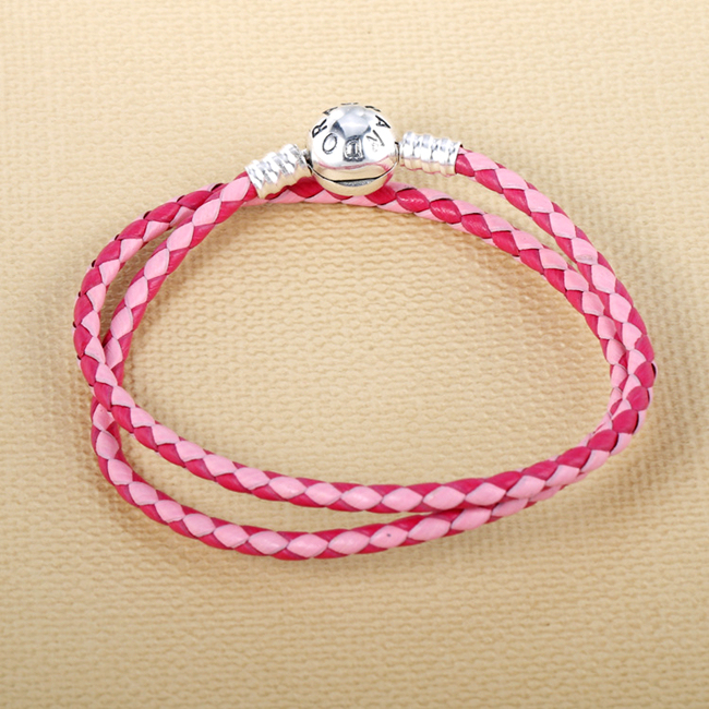 Silver S925 Ale Double Pink Leather Pandora Moments Bracelet
