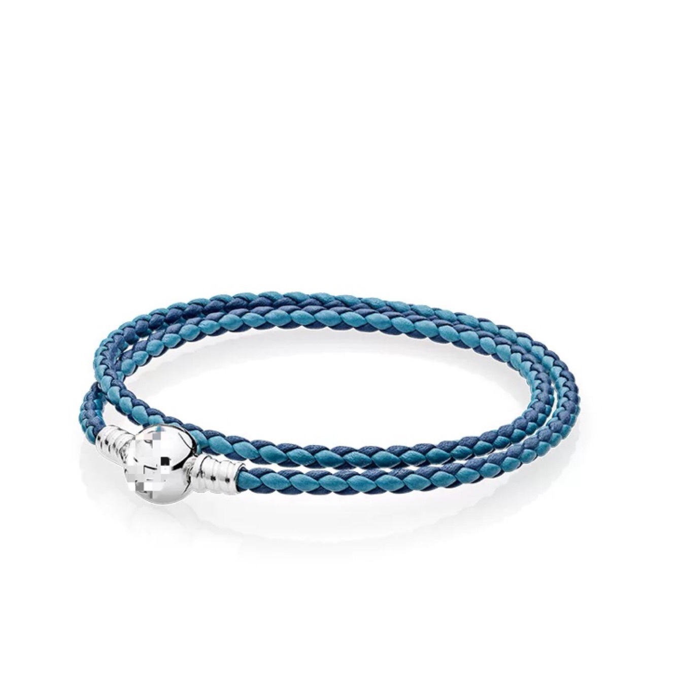 Silver S925 Ale Mixed Blue Leather Pandora Moments Bracelet
