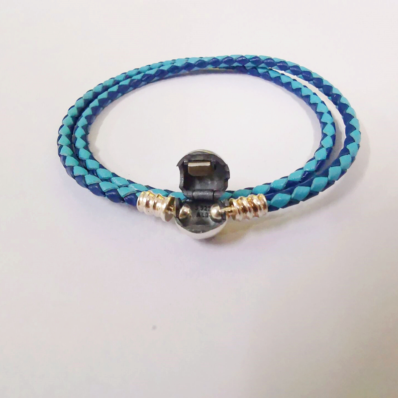 Silver S925 Ale Mixed Blue Leather Pandora Moments Bracelet