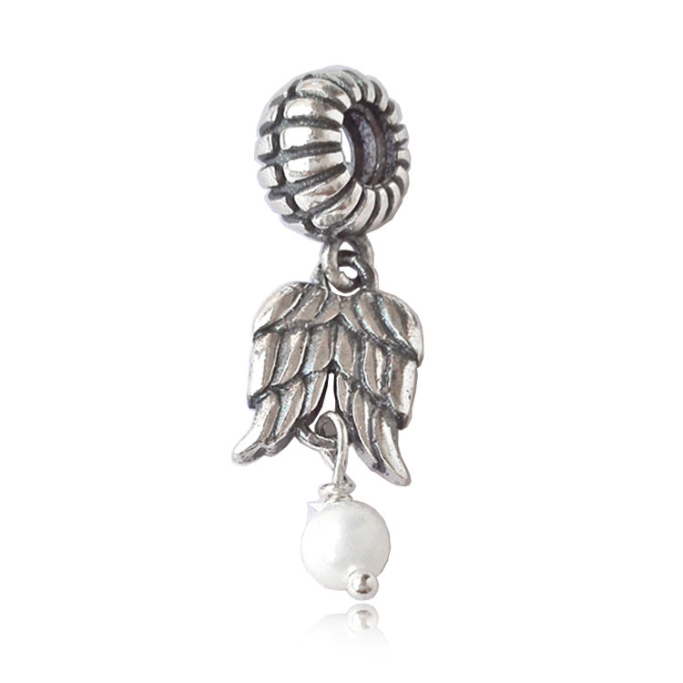 pandora s925 ale sterling silver & pearl angel wings charm in pouch/box