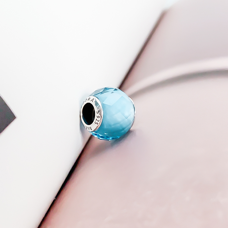 pandora silver geometric facets sky blue glass bead