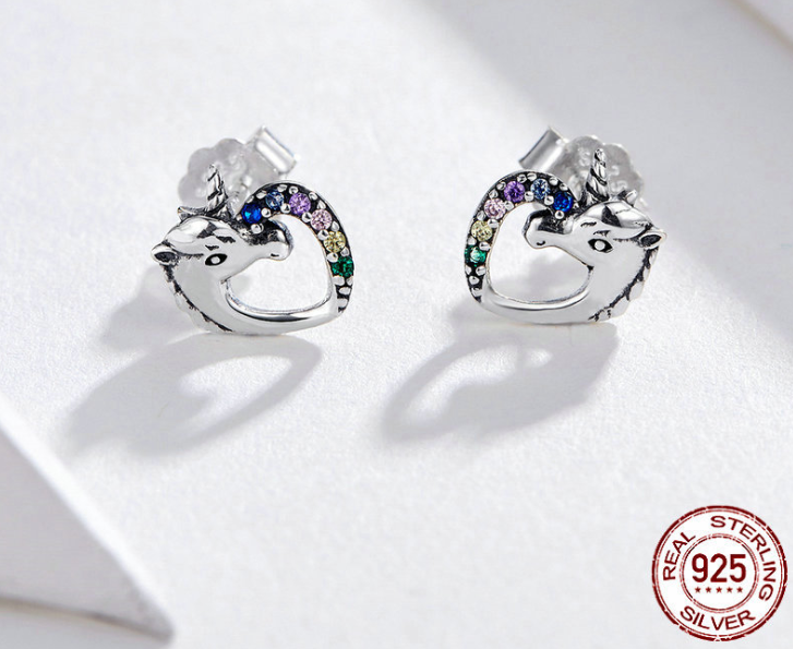 sterling silver 925 unicorn heart stud earrings