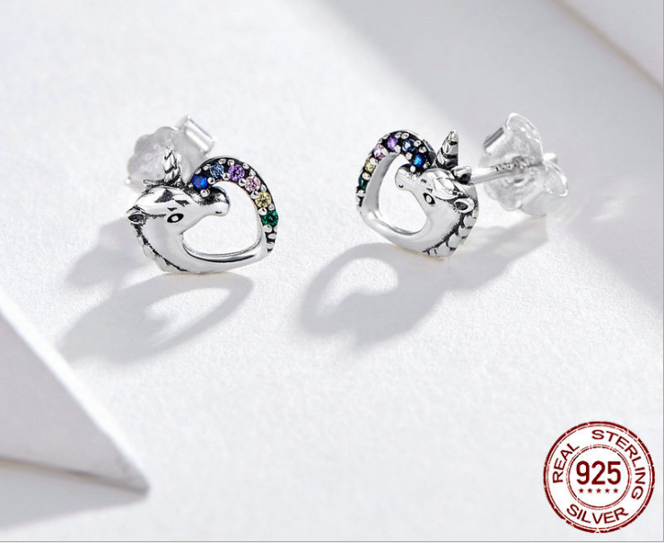 sterling silver 925 unicorn heart stud earrings