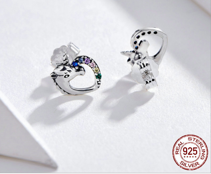 sterling silver 925 unicorn heart stud earrings