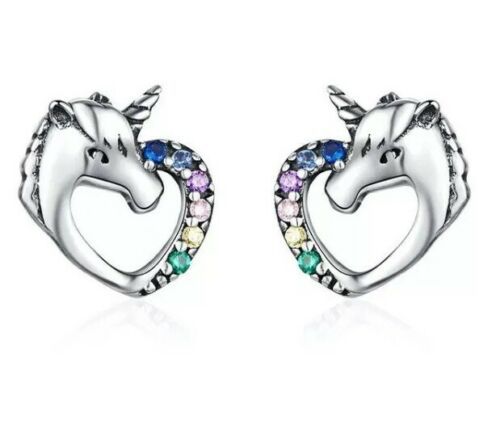 sterling silver 925 unicorn heart stud earrings