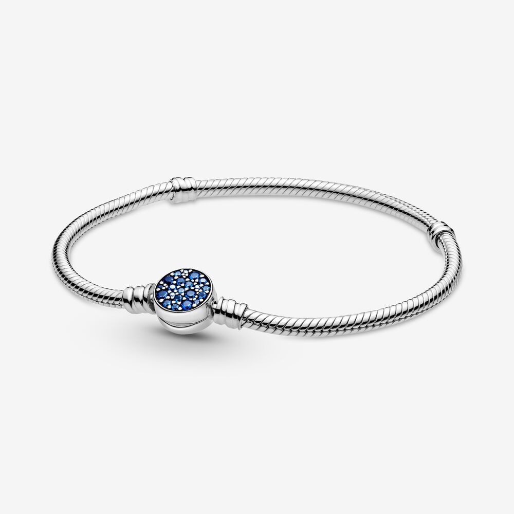 pandora moments sparkling blue disc clasp snake chain bracelet