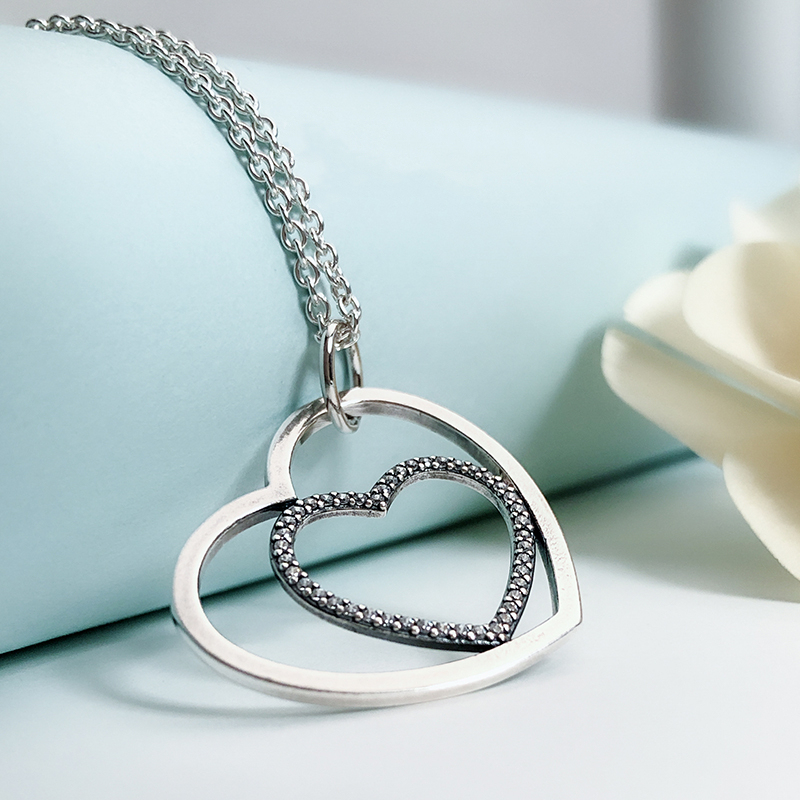 pandora silver clear cz large heart to heart pendant