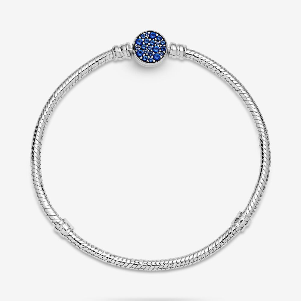 pandora moments sparkling blue disc clasp snake chain bracelet