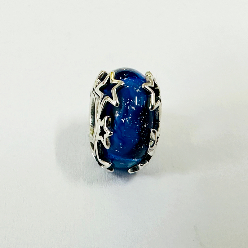 pandora s925 sterling silver, blue galaxy murano glass charm, multi stars