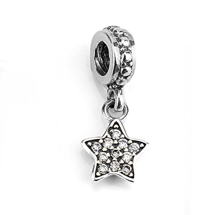 s925 sterling silver stork & twinkling stars dangle charm with pouch