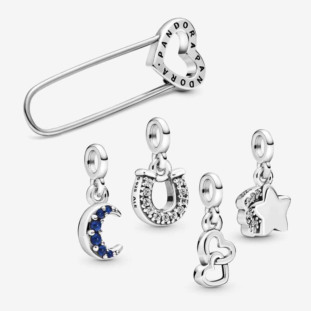 pandora me safety pin brooch 4 mini-charms pendants