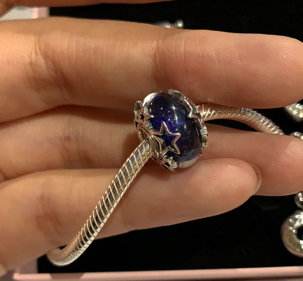 pandora s925 sterling silver, blue galaxy murano glass charm, multi stars