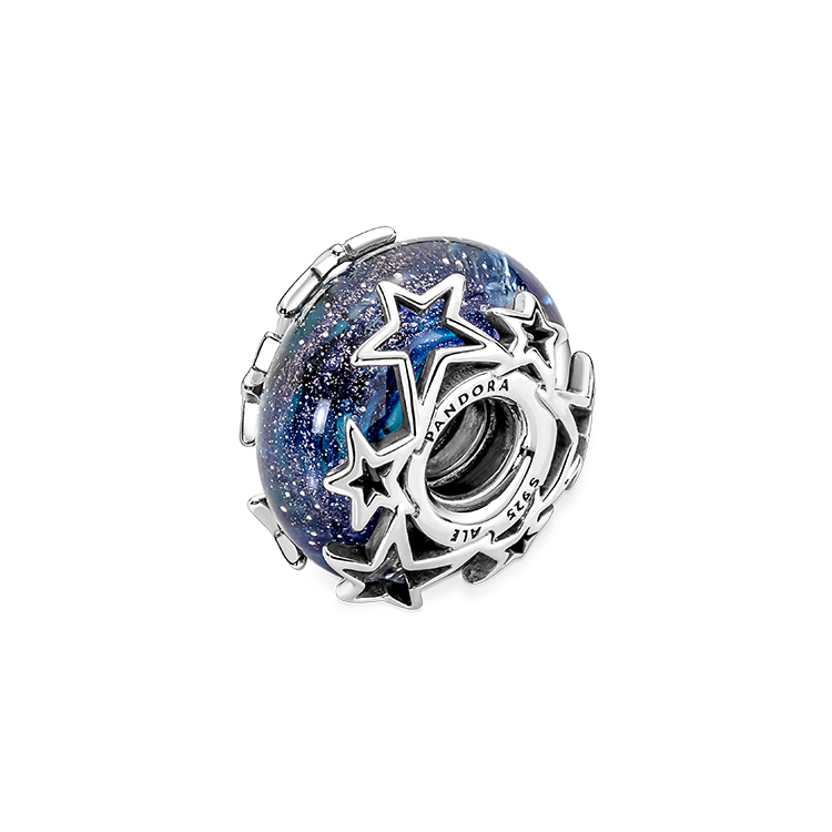 pandora s925 sterling silver, blue galaxy murano glass charm, multi stars
