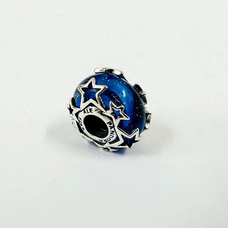 pandora s925 sterling silver, blue galaxy murano glass charm, multi stars