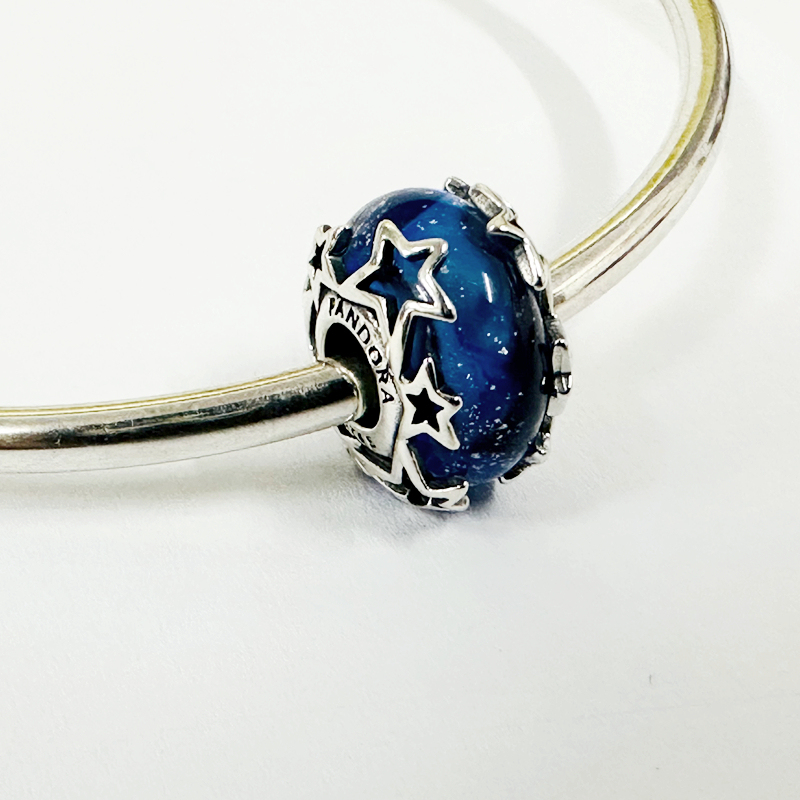pandora s925 sterling silver, blue galaxy murano glass charm, multi stars