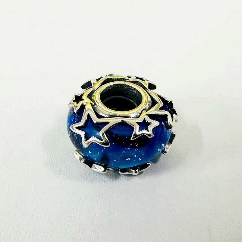 pandora s925 sterling silver, blue galaxy murano glass charm, multi stars