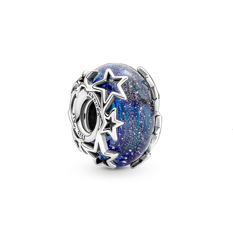 pandora s925 sterling silver, blue galaxy murano glass charm, multi stars