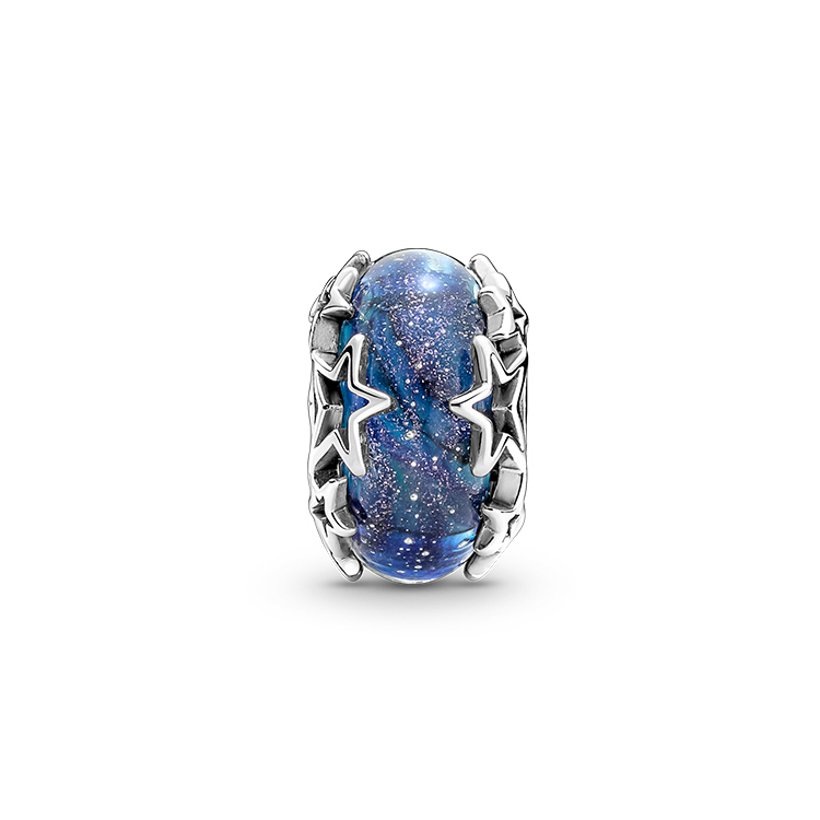 pandora s925 sterling silver, blue galaxy murano glass charm, multi stars