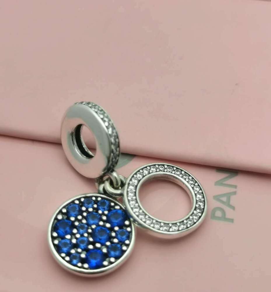 ALE Silver Pandora Sparkling Blue Disc Double Dangle Charm