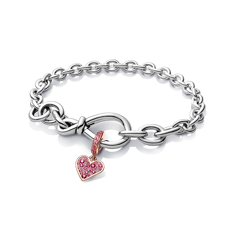 pandora  freehand heart dangle charm & chunky infinity knot chain bracelet set