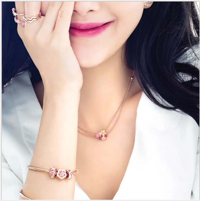 Rose Ale Met Pink Peach Blossom Double flower Pandora Slider Chain 45CM