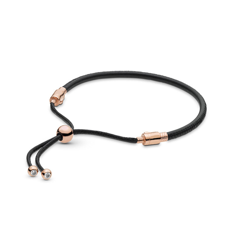 Pandora Black Leather and Rose Gold Slider Bracelet
