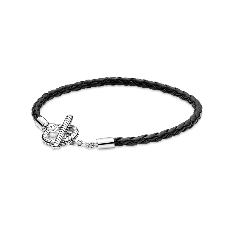 pandora  s925 silver moments t-buckle black woven leather bracelet
