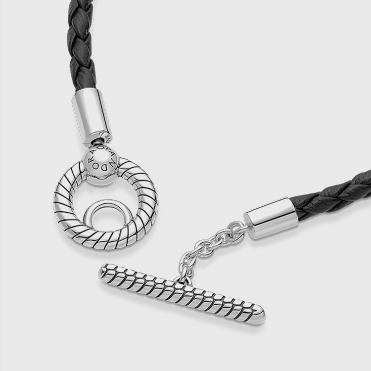 pandora  s925 silver moments t-buckle black woven leather bracelet