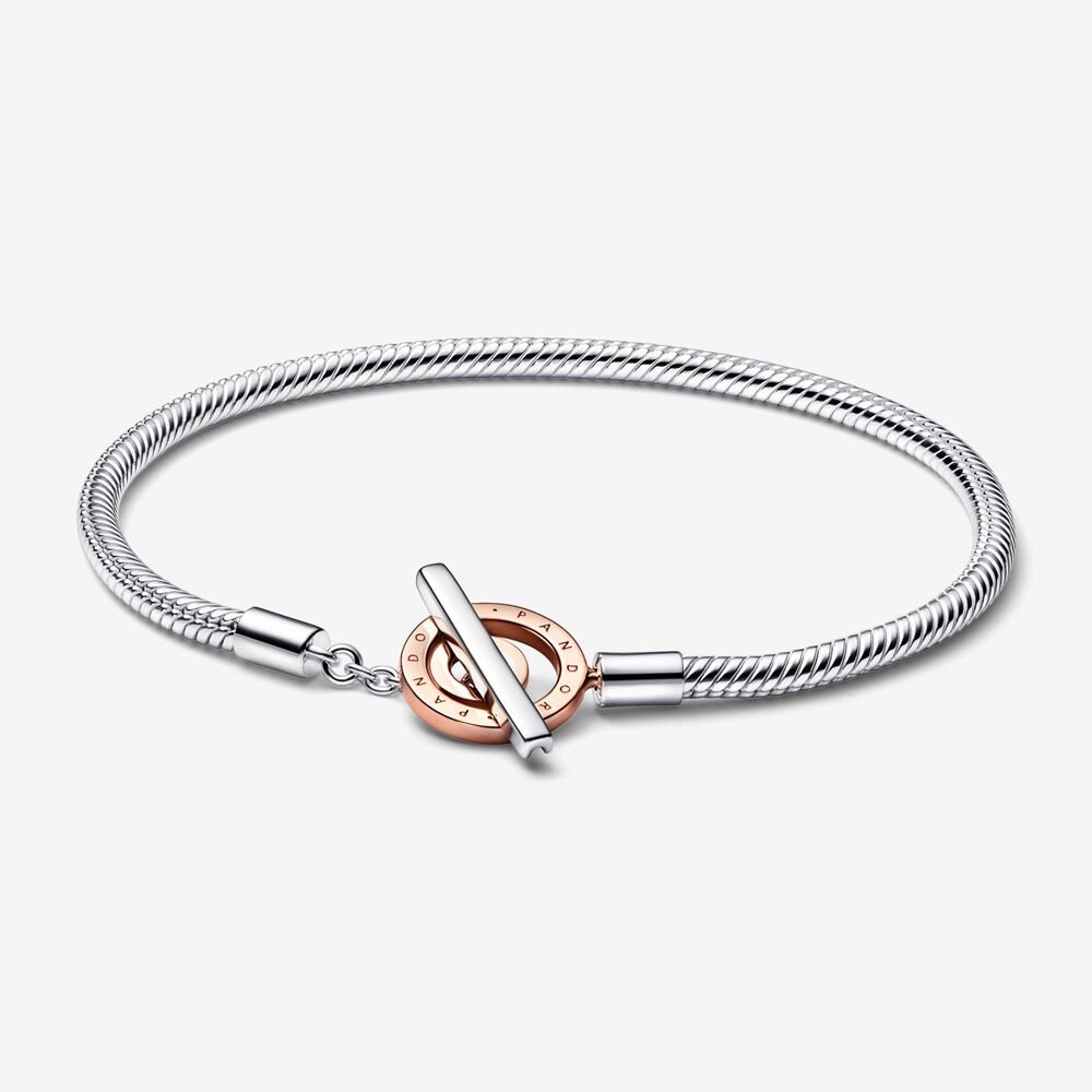 pandora  signature logo t-button two-tone snake bone chain bracelet