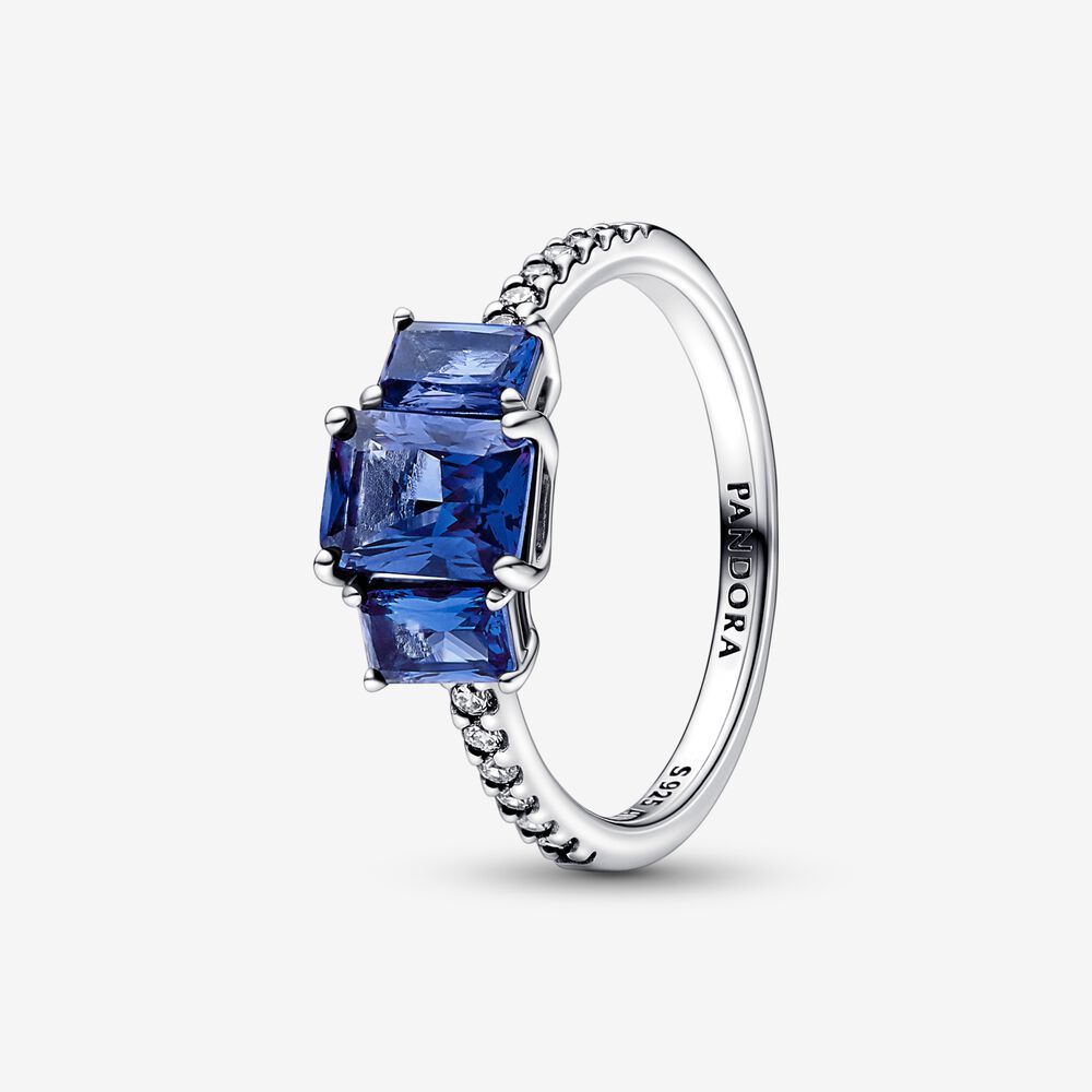 PANDORA Blue Rectangular Three Stone Sparkling Ring