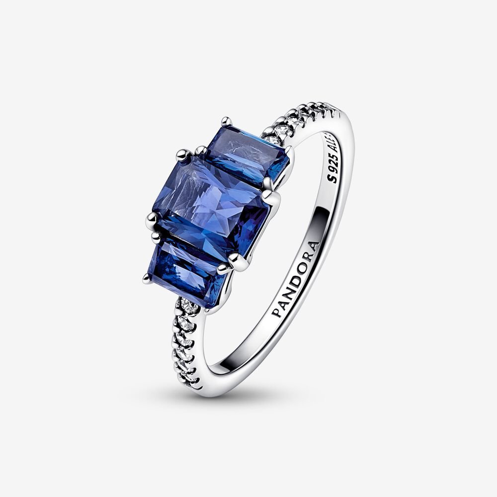 PANDORA Blue Rectangular Three Stone Sparkling Ring