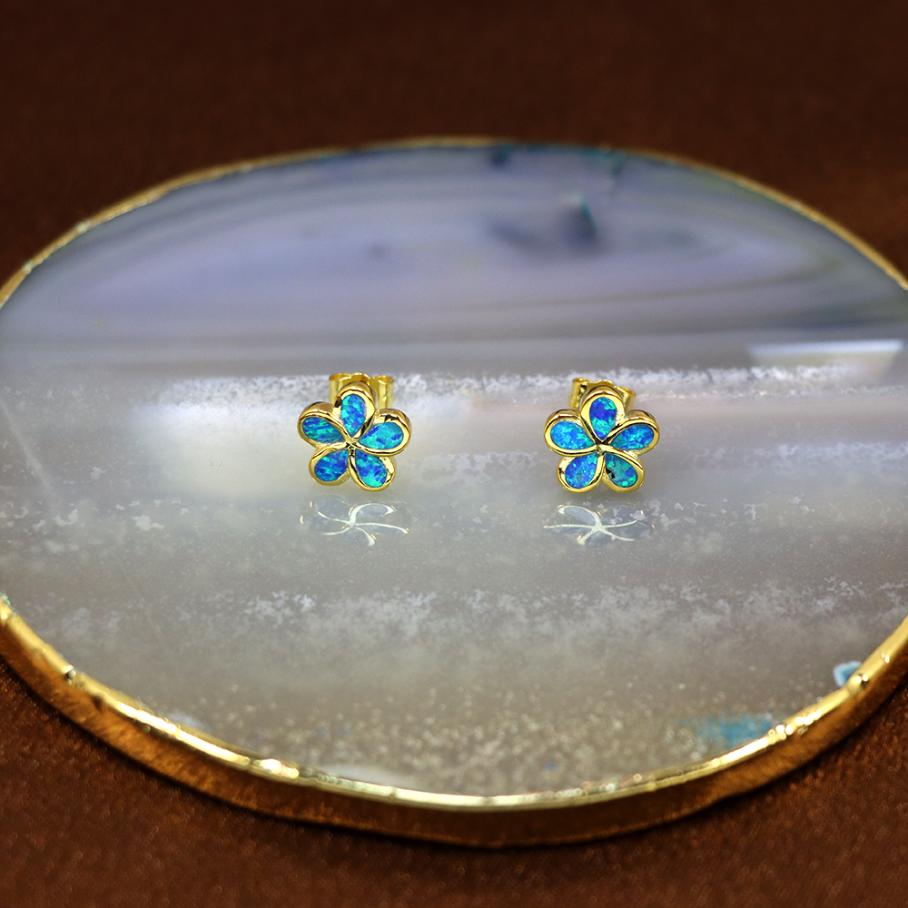 Small Opal Flower Sterling Silver Stud Earrings with Screw Backs, Blue opal earrings