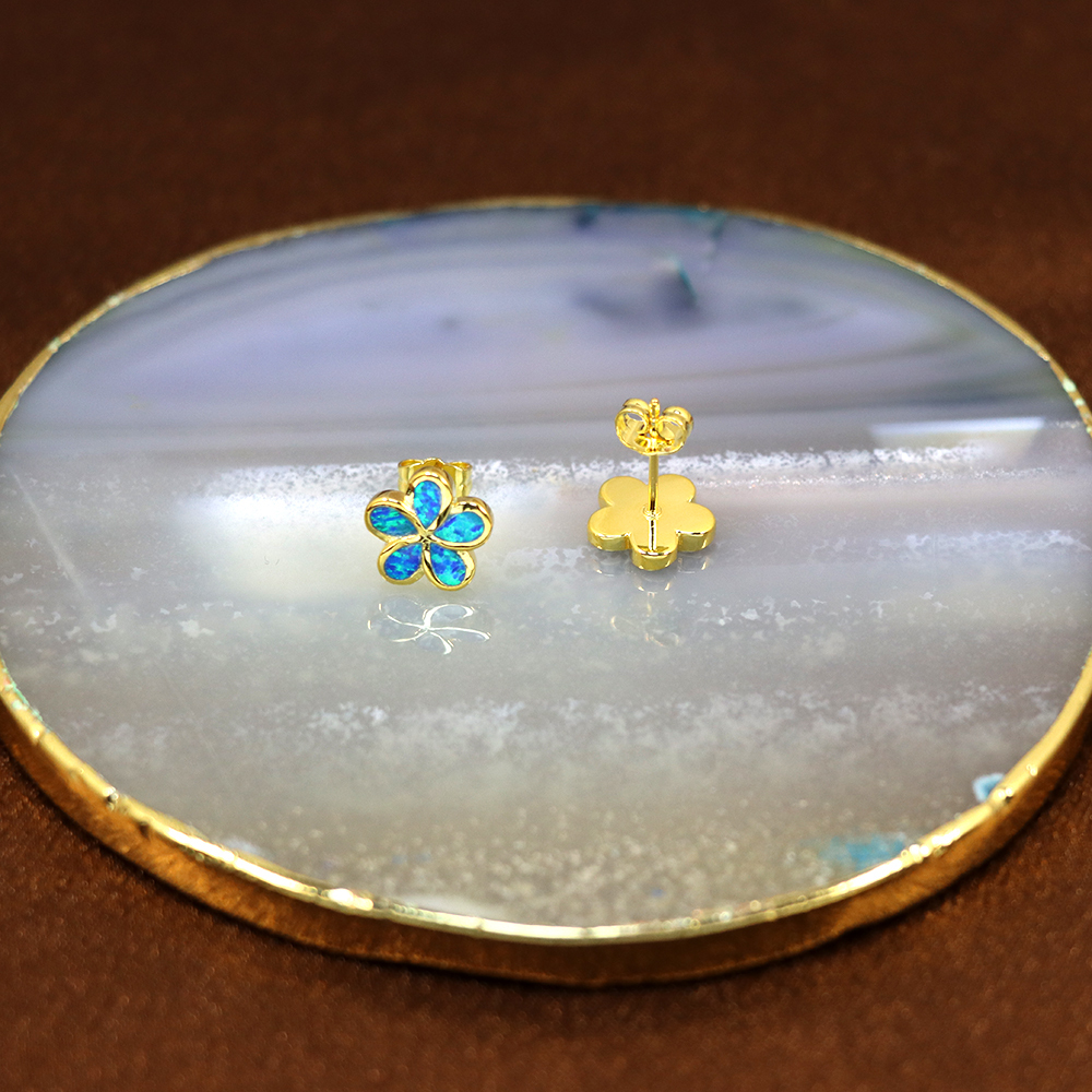 Small Opal Flower Sterling Silver Stud Earrings with Screw Backs, Blue opal earrings