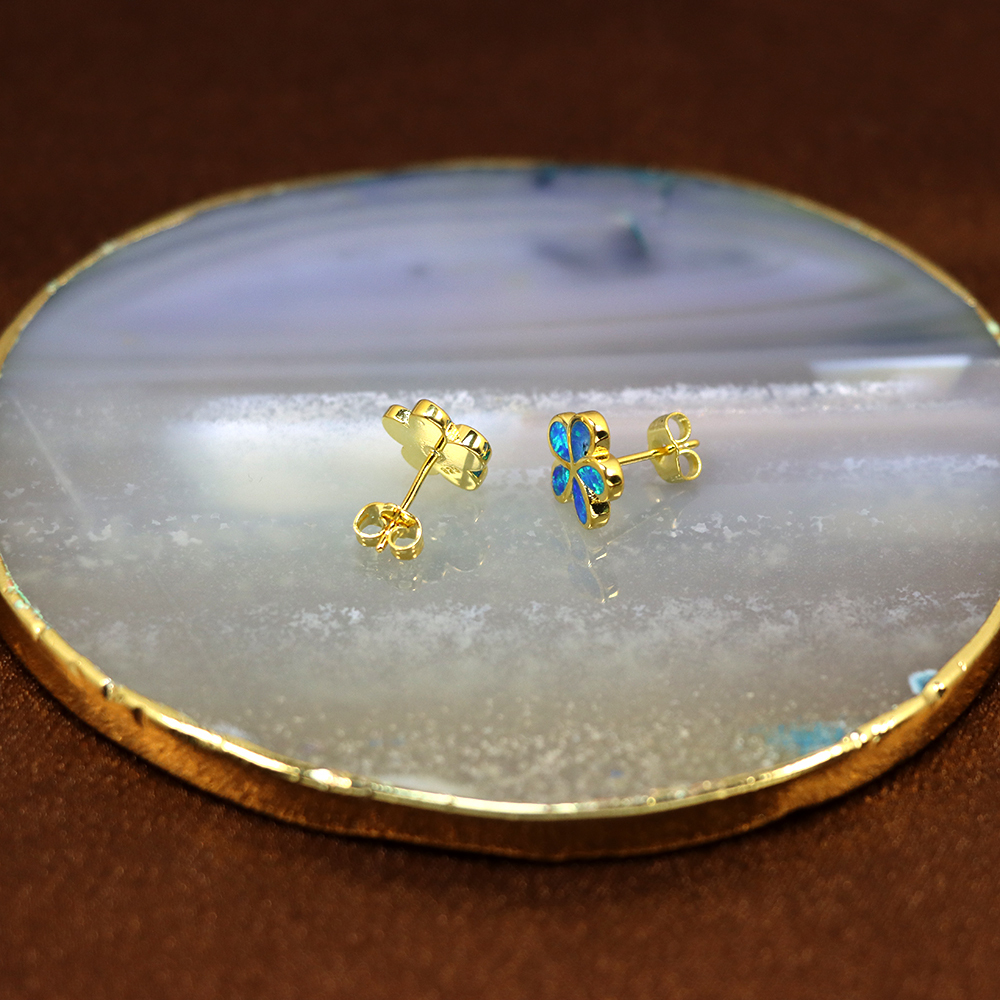 Small Opal Flower Sterling Silver Stud Earrings with Screw Backs, Blue opal earrings