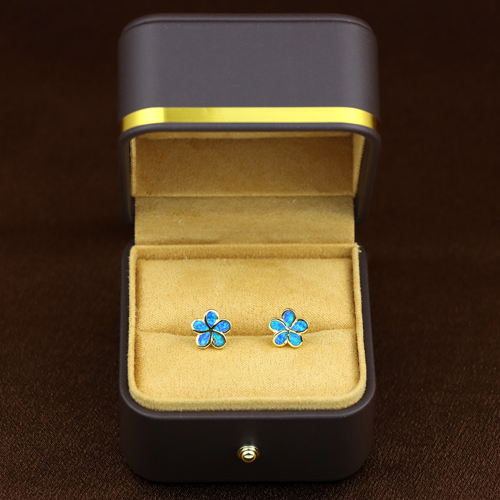Small Opal Flower Sterling Silver Stud Earrings with Screw Backs, Blue opal earrings
