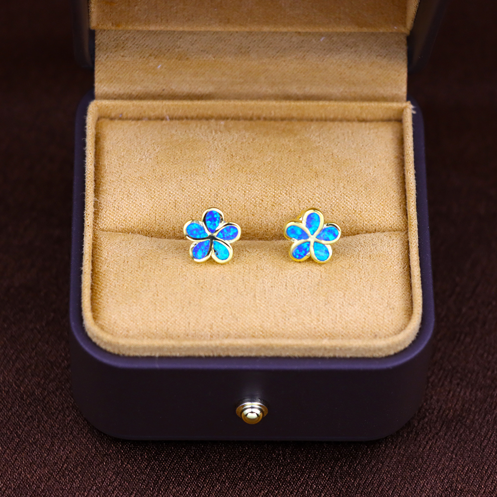 Small Opal Flower Sterling Silver Stud Earrings with Screw Backs, Blue opal earrings