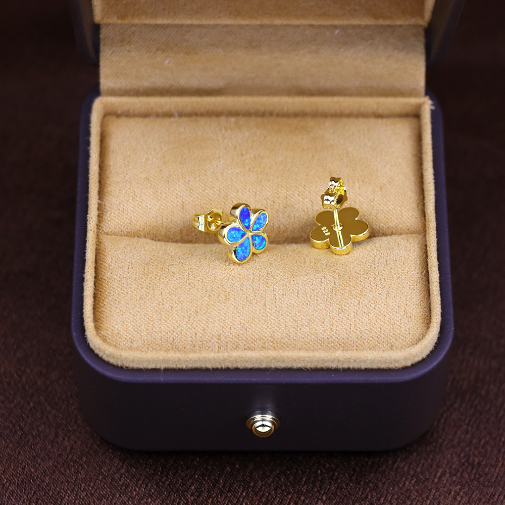 Small Opal Flower Sterling Silver Stud Earrings with Screw Backs, Blue opal earrings