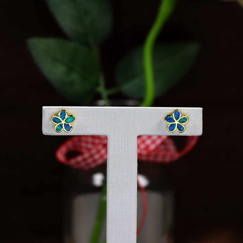 Small Opal Flower Sterling Silver Stud Earrings with Screw Backs, Blue opal earrings
