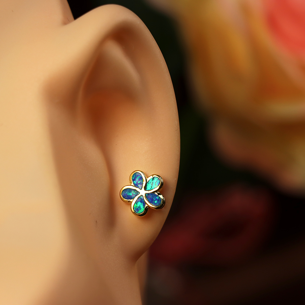 Small Opal Flower Sterling Silver Stud Earrings with Screw Backs, Blue opal earrings