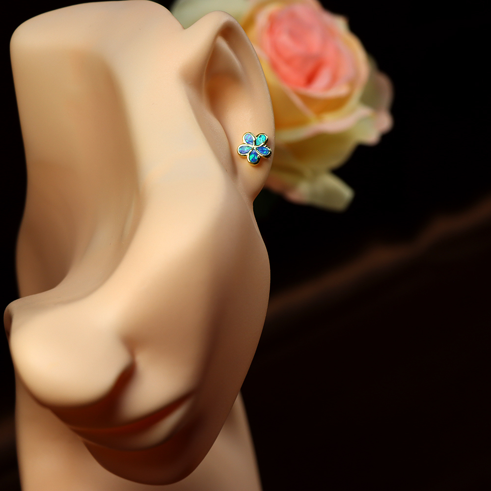 Small Opal Flower Sterling Silver Stud Earrings with Screw Backs, Blue opal earrings